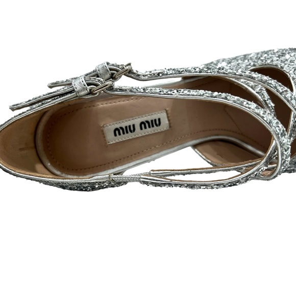MIU MIU SILVER GLITTER OPEN TOE 2 STRAP CRISS CROSS 4" HEEL SANDALSl - Picture 8 of 16